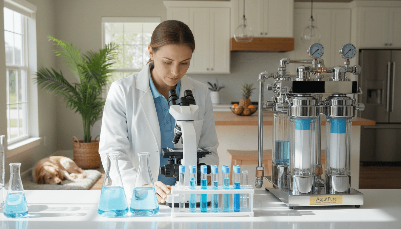 Eye-level view of laboratory technician examining water samples under a microscope